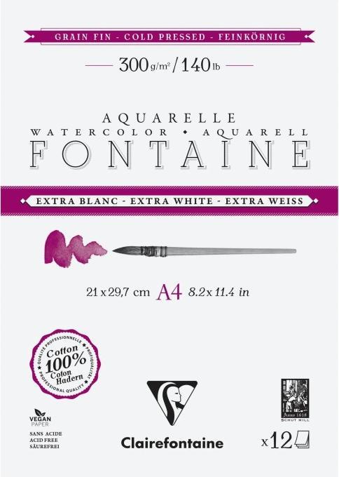 Actual product image Clairefontaine Fontaine, Aquarellpapier extraweiss feinkörnig, Block 2-seitig geleimt, 12 Blatt A4 300g - (300 g/m²)