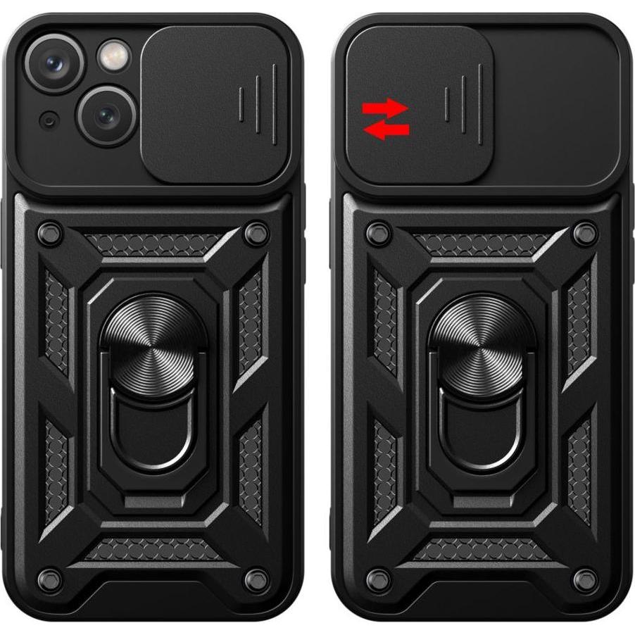 Hurtel Hybrid Armor Camshield case with stand and camera cover for iPhone 15 - black (Apple iPhone 15), Smartphone Hülle...
