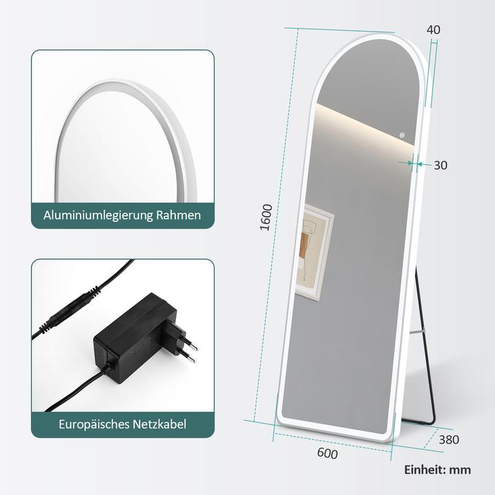 Actual product image Emke Arch Freestanding Mirror with Illumination, 3 Colour Temperatures, Aluminium Frame, 60*160cm, White (60 x 160 cm)