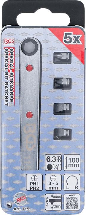 Produktbild BGS Spezial-Bitknarre, ultra dünn Abtrieb Innensechskant 6,3 mm (1/4") inkl. 4 Spezial-Bits (Schraubschlitz M3, Schraubschlitz M4, Schraubschlitz M5, Kreuz Phillips PH M1, Kreuz Phillips PH M2)