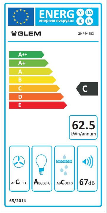 Energy Label Glem Gas GHP945IX wall-mounted extractor hood Stainless steel 501,5 m/h C (Wall hood)