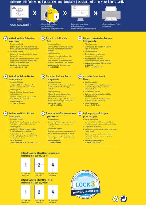 Voedingswaarden en ingrediënten Avery AVZ L8013-10 Antimicrobiële Etiketten 105x148mm transparant