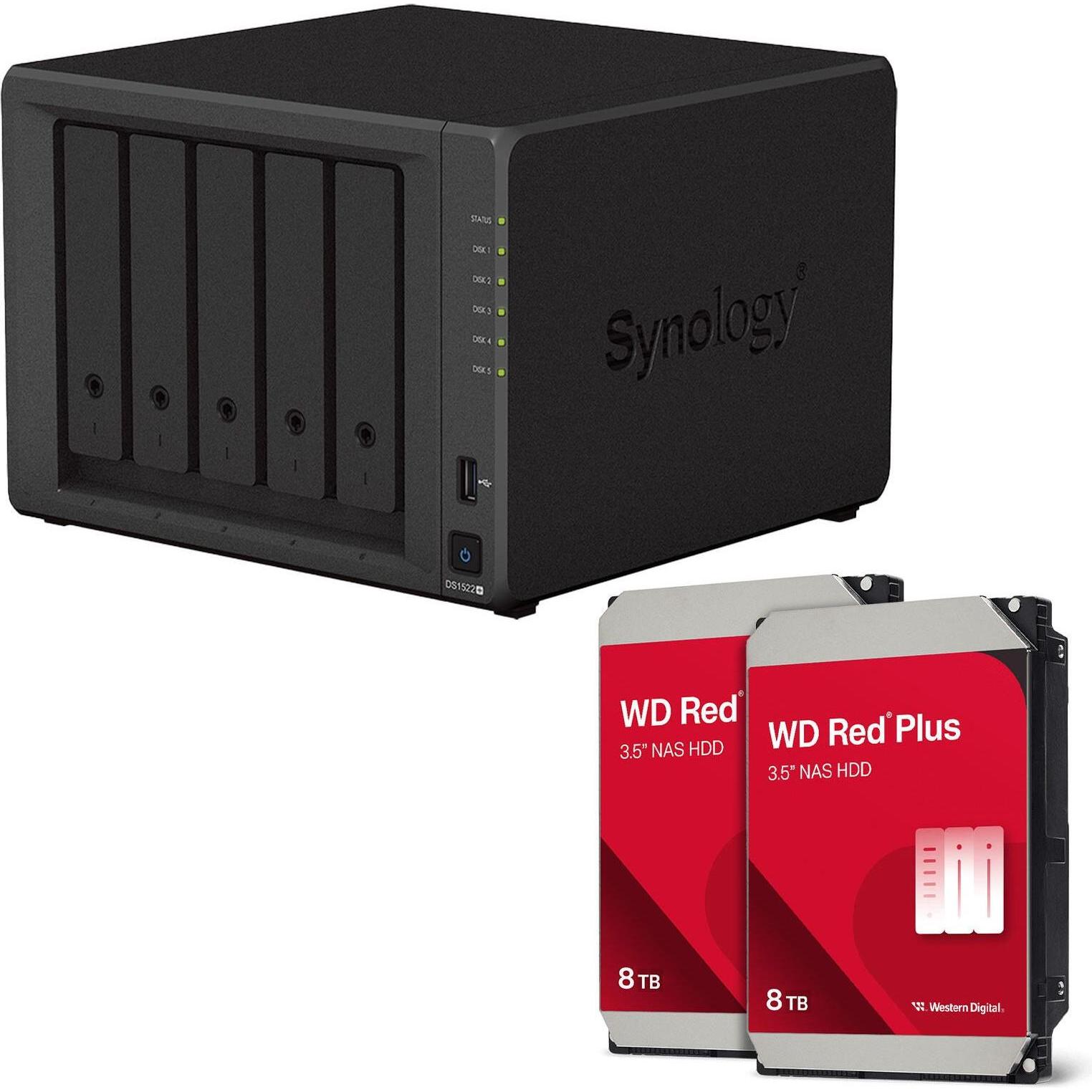 Synology DiskStation DS1522+ 5 Einschübe NAS-Server Leergehäuse + 16TB WD Red Plus SATA 3.5"" HDD (2