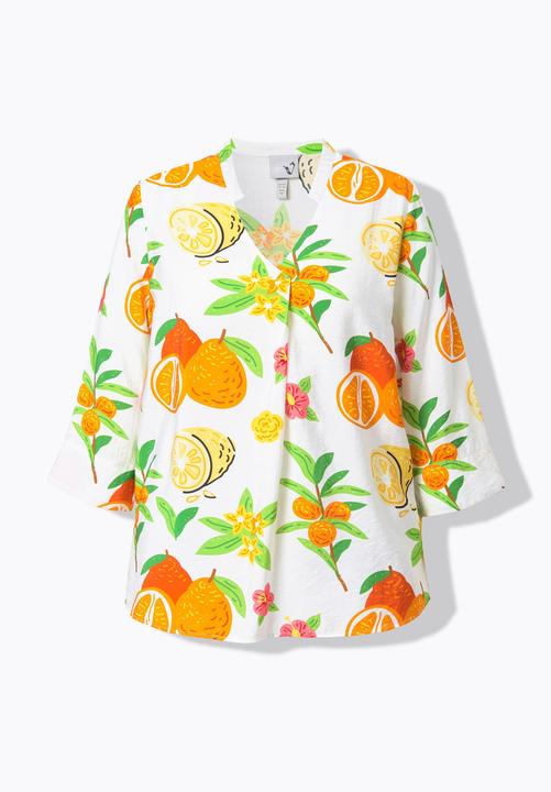 Actual product image Ulla Popken Fruit Print 3/4 Sleeve Split Neck Blouse (60)