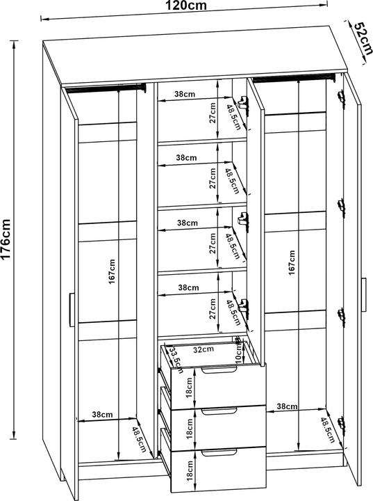 Produktbild En.Casa Kleiderschrank Eiselfing 176x120x52 cm 3 Schubladen Weiss