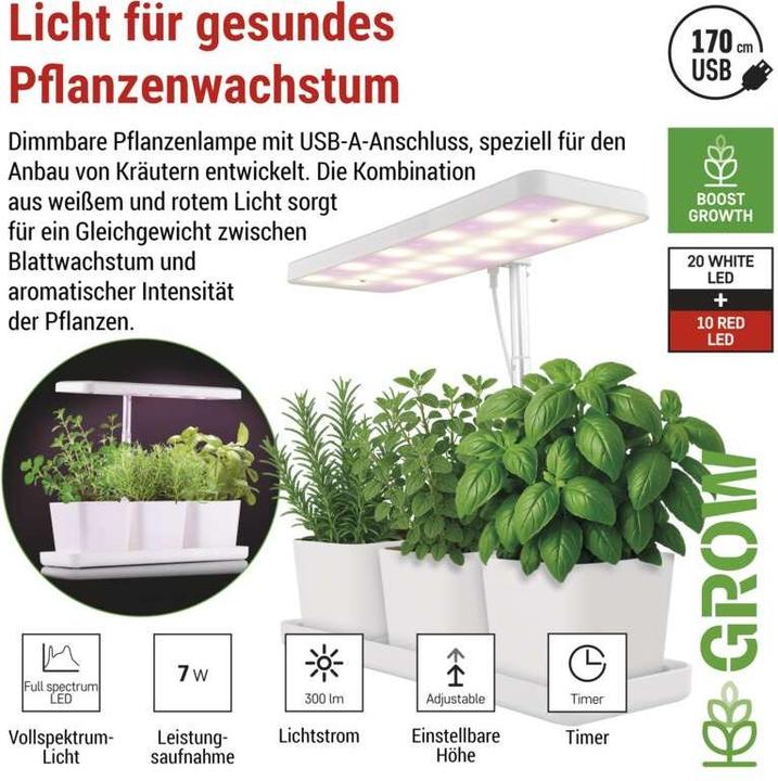 Immagine prodotto Emos Pflanzenlampe LED Vollspektrum, 30 LEDs, für Innenräume, mit Zeitschaltuhr, dimmbar (LED, 5 V)