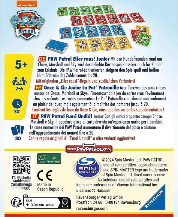 Immagine prodotto Ravensburger 20953 PAW Patrol Elfer raus! Junior - Semplice gioco di carte per 2-6 giocatori 5+ (Francese, Italiano, Tedesco, 2 - 6 Giocatori)