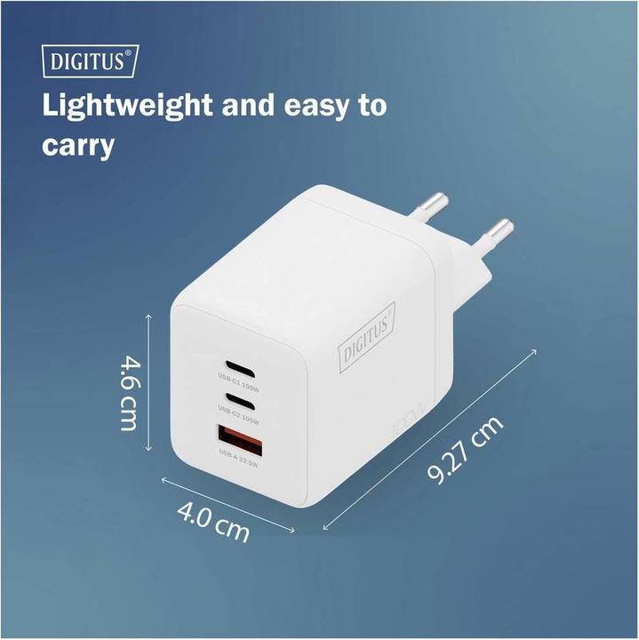 Productafbeelding Digitus USB GaN Charger 100W, 2x USB-C, 1x USB-A (100 W, 3 ports)