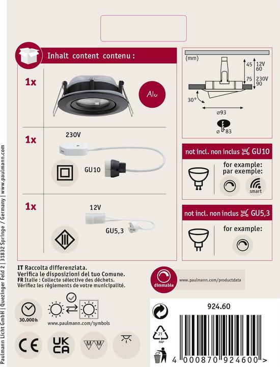 Immagine prodotto Paulmann Apparecchio da incasso Nova Plus Set (85 lm, GU10, GU5.3)
