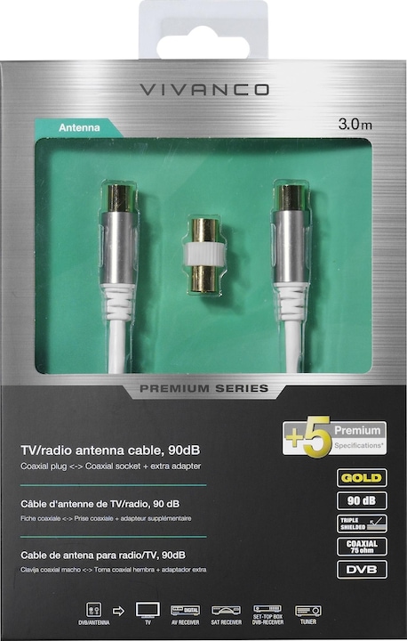 Produktbild Vivanco Antennenkabel, 3m, 90dB Weiss Antenna Cable, 3m, 90dB (90 dB, Antennenkabel)
