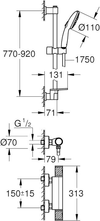Actual product image Grohe Precision Feel QuickFix thermostatic shower mixer and Vitalio Start 110 shower rail set, length