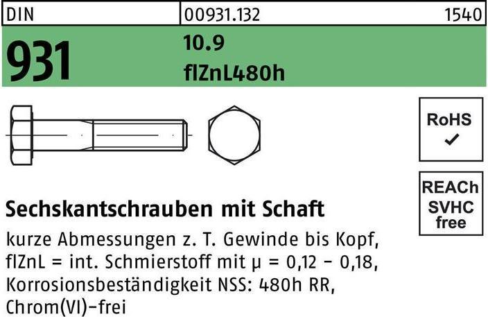 Produktbild Sechskantschraube DIN 931 m.Schaft M 24 x 160 10.9 flZnL/nc/x/x/480h/C (10 Schrauben pro Stück)