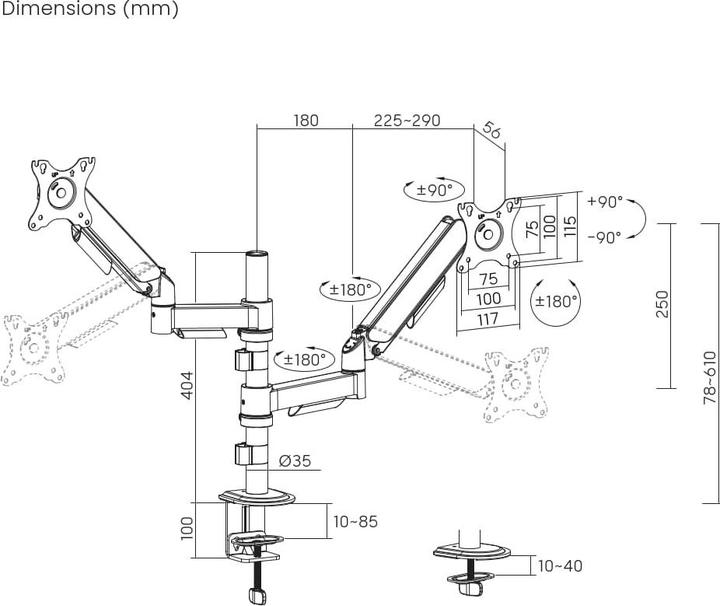 Actual product image Gembird Biurkowe Regulowane Ramię/Uchwyt Na Dwa Monitory Od 17 Do 32 Obciążenie Do 9 kg (Table, 32", 9 kg)