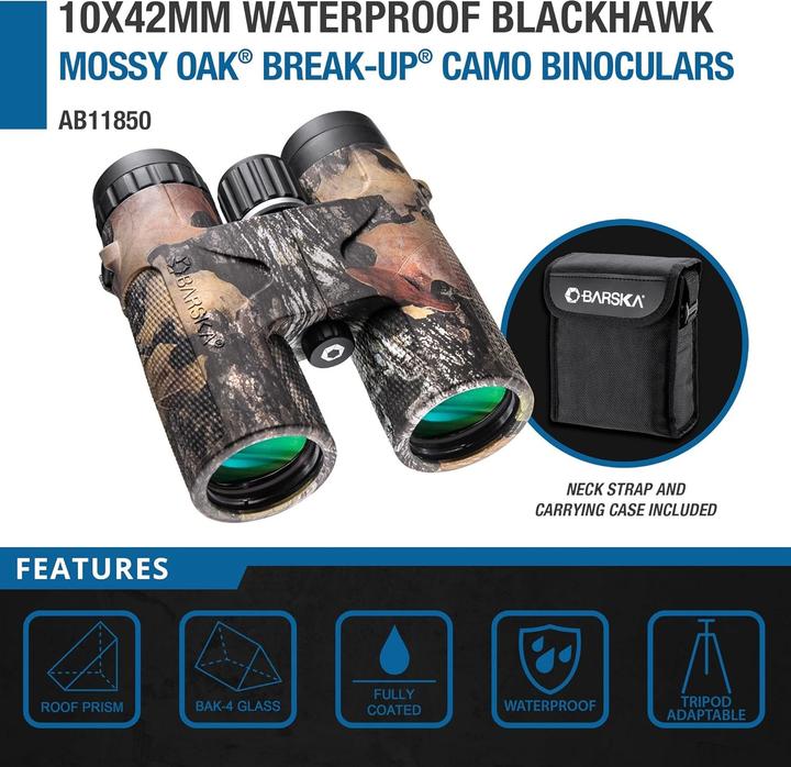 Actual product image Barska 2001216-SSI 10x42 WP Blackhawk Green Lens Binoculars in Mossy Oak - Multi, N/A (10x, 42 mm)