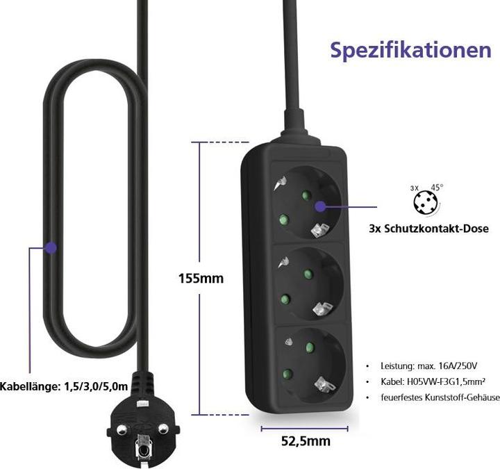 Produktbild Helos Steckdosenleiste CLASSIC, 3-fach, schwarz, 1,5m, ohne Schalter Robustes klassisches Design, 1,5m Z (3 x, 1.50 m)