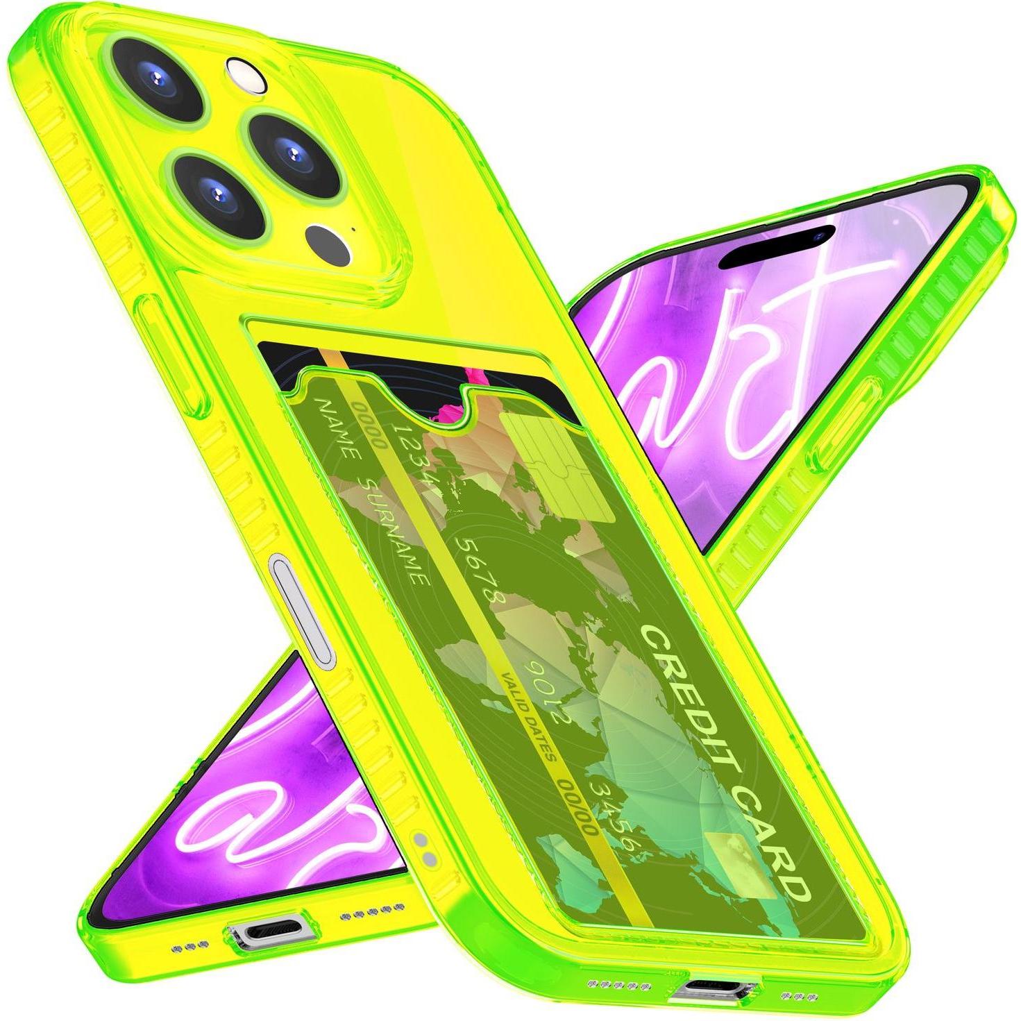 Nalia Klar Transparente Neon Silikon Hülle Kartenhalter (Apple iPhone 16 Pro), Smartphone Hülle, Gelb