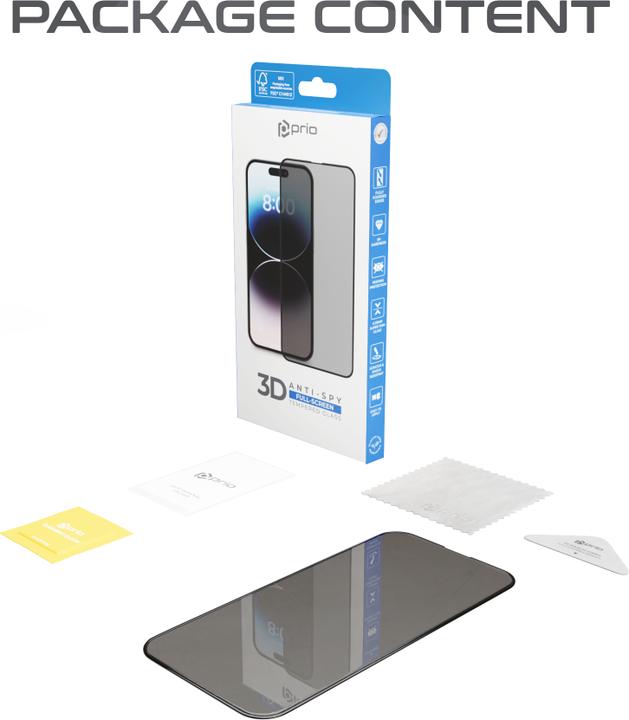 Image du produit prio Verre blindé 3D anti-espion pour iPhone 15 Pro (6,1 pouces) noir (1 pcs, Apple iPhone 15 Pro)