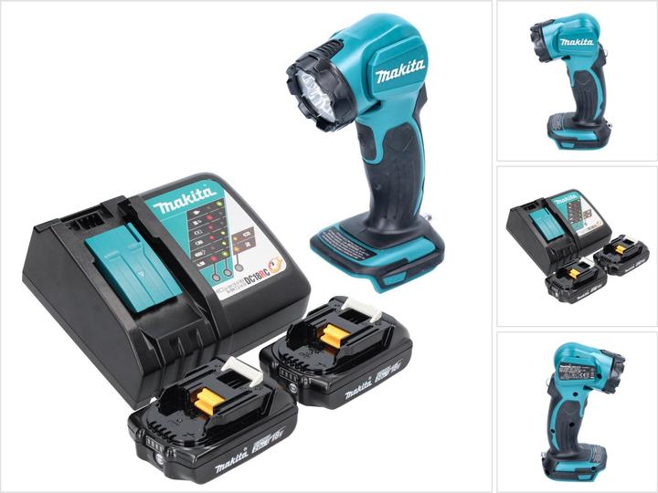 1x lampada portatile Makita DEADML 815 LED, 2x batteria Makita BL 1820 B 18 V 2.0 Ah, 1x caricatore Makita DC 18 RC