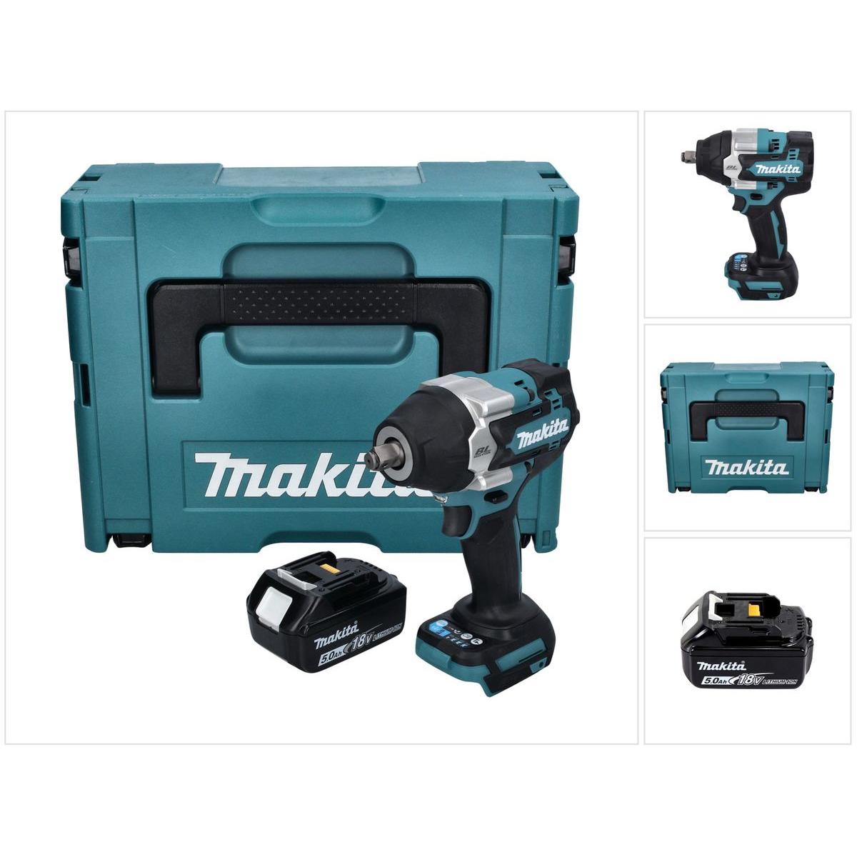 Makita, Bohrmaschine + Akkuschrauber, DTW 700 T1J Akku Schlagschrauber 18 V 700 Nm 1/2" XPT Brushless + 1x Akku 5,0 Ah +...