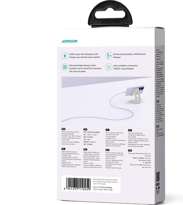 Actual product image Joyroom Multi-Color Series SA34-AC6 USB-A / USB-C Cable 100W Fast Transfer 1m - Purple (1 m, USB 3.2 Gen 1, 100 W)