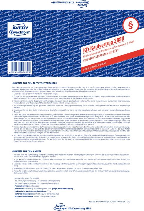 Image du produit Avery Contrat de vente d'un véhicule d'occasion (4 x)