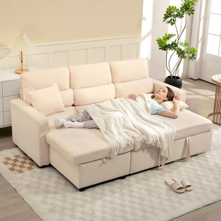 Produktbild Homcom Sofa mit Schlaffunktion Polyester, Stahl Beige (Ecksofa)