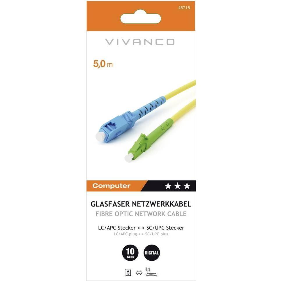 Thumbnail - Vivanco Glasfaser Netzwerkkabel, LC/APC Stecker <> SC/UPC Stecker, 10Gbit/s, 5m, gelb (UTP, 5 m), Netzwerkkabel