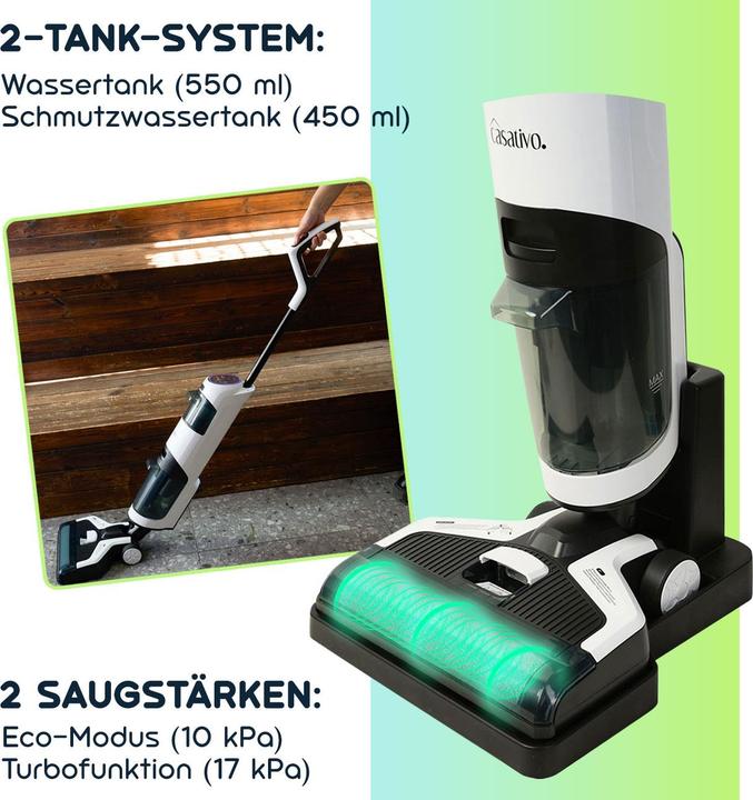 Produktbild Casativo 2-in-1 Boden-Wischsauger mit HEPA-Filter, 220 W, 550ml, Akkubetrieb (Saugen + Wischen)