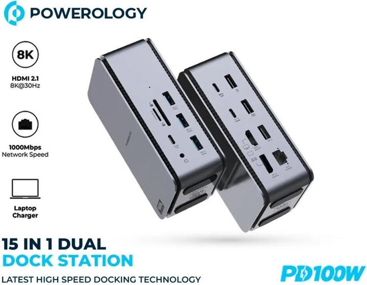 Actual product image Powerology 15 in 1 Dual Dock Station PD 100W (USB-C, 15 ports)