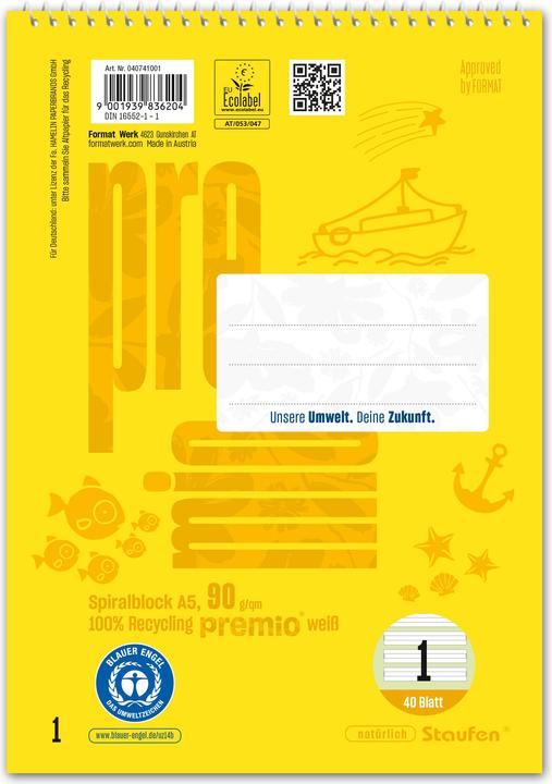 Image du produit Staufen Bloc à spirales Premio, reliure à spirales tête, 90 g/qm, A5, ligné, LIN1, 40 feuilles (A5, À rayures, Couverture souple)