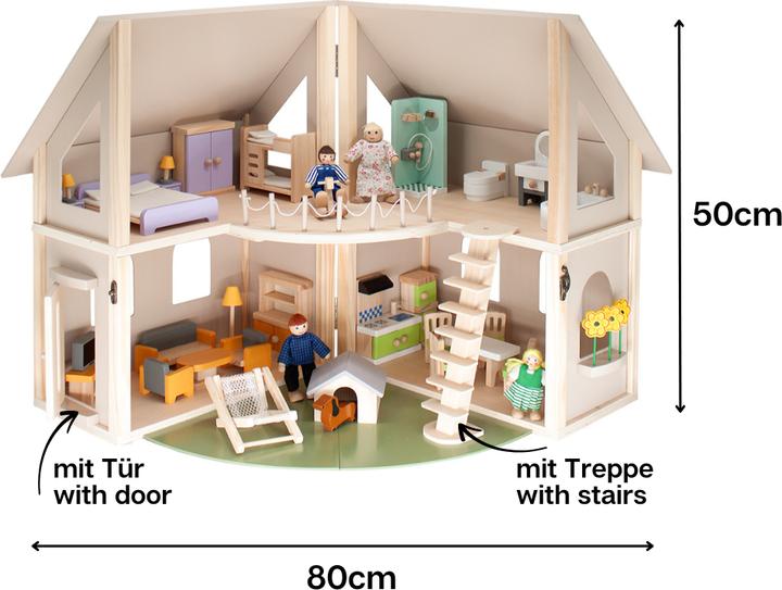 Image du produit Howa Puppenhaus aus Holz klappbar inkl. 30tlg. Möbelset, 4 Puppen und Hund 7016