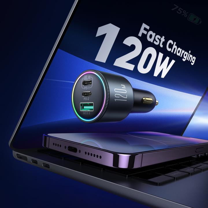 Actual product image Joyroom Car charger JR-CCN07, 3-Port C to C, 120 W, (Gray)