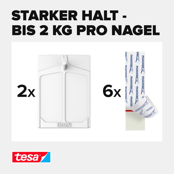 Image du produit tesa Clou adhésif pour papier peint & plâtre, 2kg de tenue, détachable sans trace & réutilisable, 2 clous