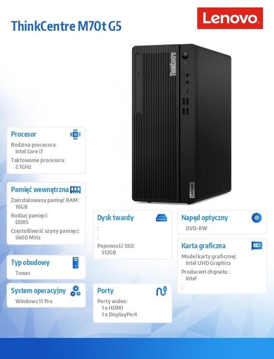 Image du produit Lenovo ThinkCentre M70t Gen 5 (Intel Core i7-14700, 16 Go, 512 Go, UHD Graphics 770)