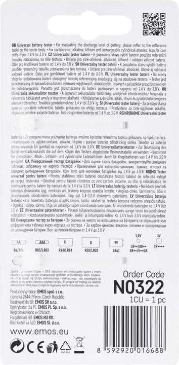 Nährwerte und Zutaten Emos Batterieprüfgerät AA, AAA, C, D, 9V, Knopfzellen