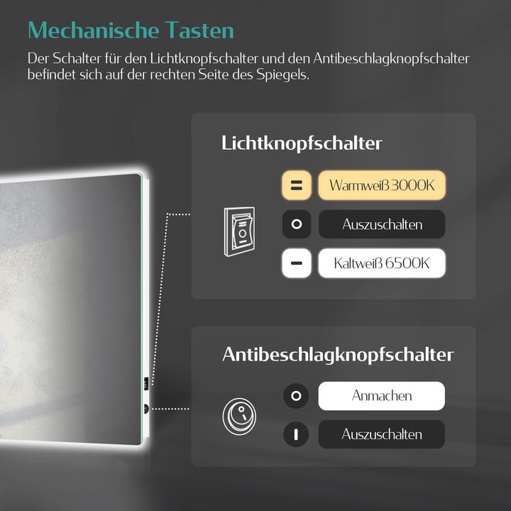 Produktbild Emke Badezimmerspiegel mit Beleuchtung 60*45cm,Beschlagfrei, 3000K/6500K,Tast Schalter (60 x 45 cm)