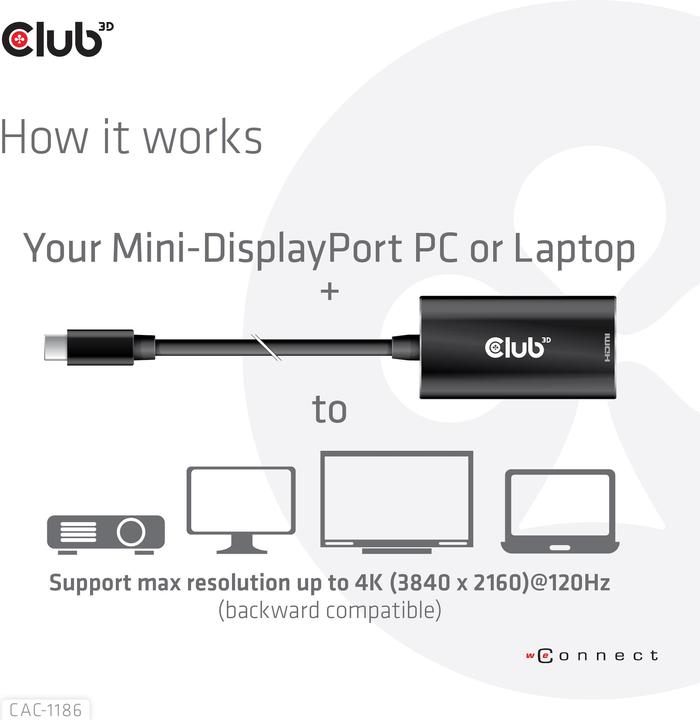 Produktbild Club 3D Club3D Adapter MiniDisplayPort > HDMI 2.1 HDR 120Hz aktiv (Mini DP, 0.66 cm)