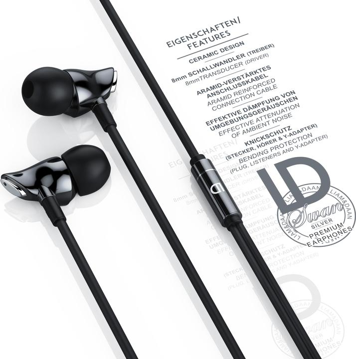 Actual product image Liam & Daan In-Ear Headphones, High End Ceramic InEar 8mm Driver / Aramid Cable / Bend Protection, silver/black (No noise cancellation, Cable)