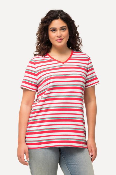 Actual product image Ulla Popken Mixed Stripe Short Sleeve V-Neck Tee (42, 44)