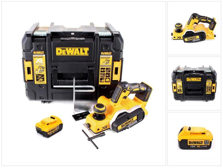 ohne Ladegerät, 1x Einstelllehre für Hobelmesser, 1x Parallelanschlag, 1x Montagewerkzeug, 1x Dewalt DCB 182 18V - 4Ah Li-Ion Akku, 1x Satz HM Wendemesser, 1x TSTAK, 1x DeWalt DCP 580 Akku Hobel 82 mm