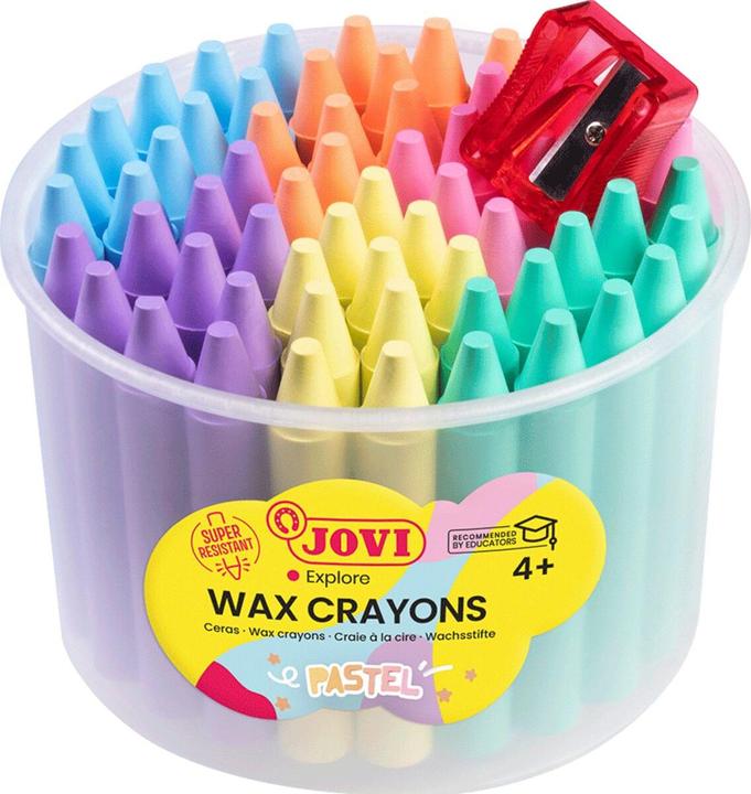 Produktbild Jovi Jovicolor Wachsmalstifte rund, pastel farblich sortiert, 60 Stück in Dose, 1 Spitzer (60x)