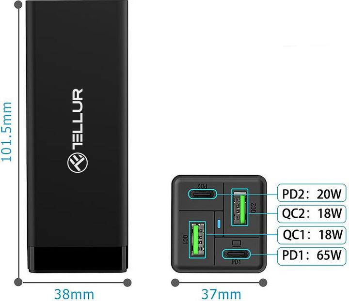 Actual product image Tellur AC charger PDHC2 65W (2xPD2xQC3.0) EU, UK, US black (65 W, 4 ports)