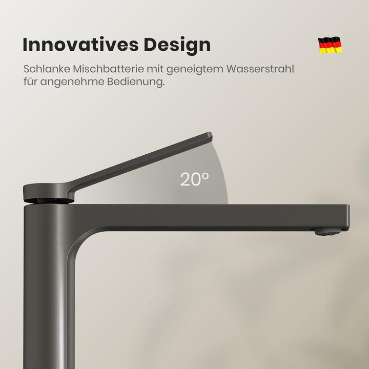 Produktbild Emke Wasserhahn Bad, Anthrazit, Mischbatterie Waschbecken, Messing, mit Luftsprudler, Keramikkartusche, e