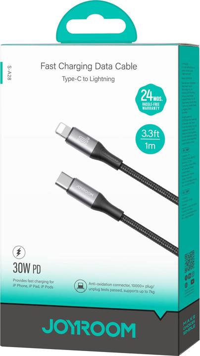 Actual product image Joyroom Flash Series Fast Charging USB-C to Lightning Cable 30W, 1m - Black (1 m, 30 W)