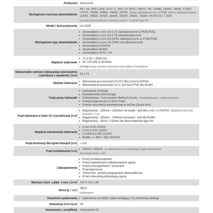 Nährwerte und Zutaten Everactive UC-4200 (1 Stk., C, AAA, AA, Ladegerät ohne Akku)