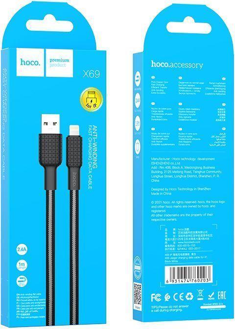Actual product image Partner Telecom Hoco - Data Cable Jaeger (X69) - USB-A to Lightning, 12W, 2.4A, 1.0m - Black / White (1 m, USB 2.0, 12 W)