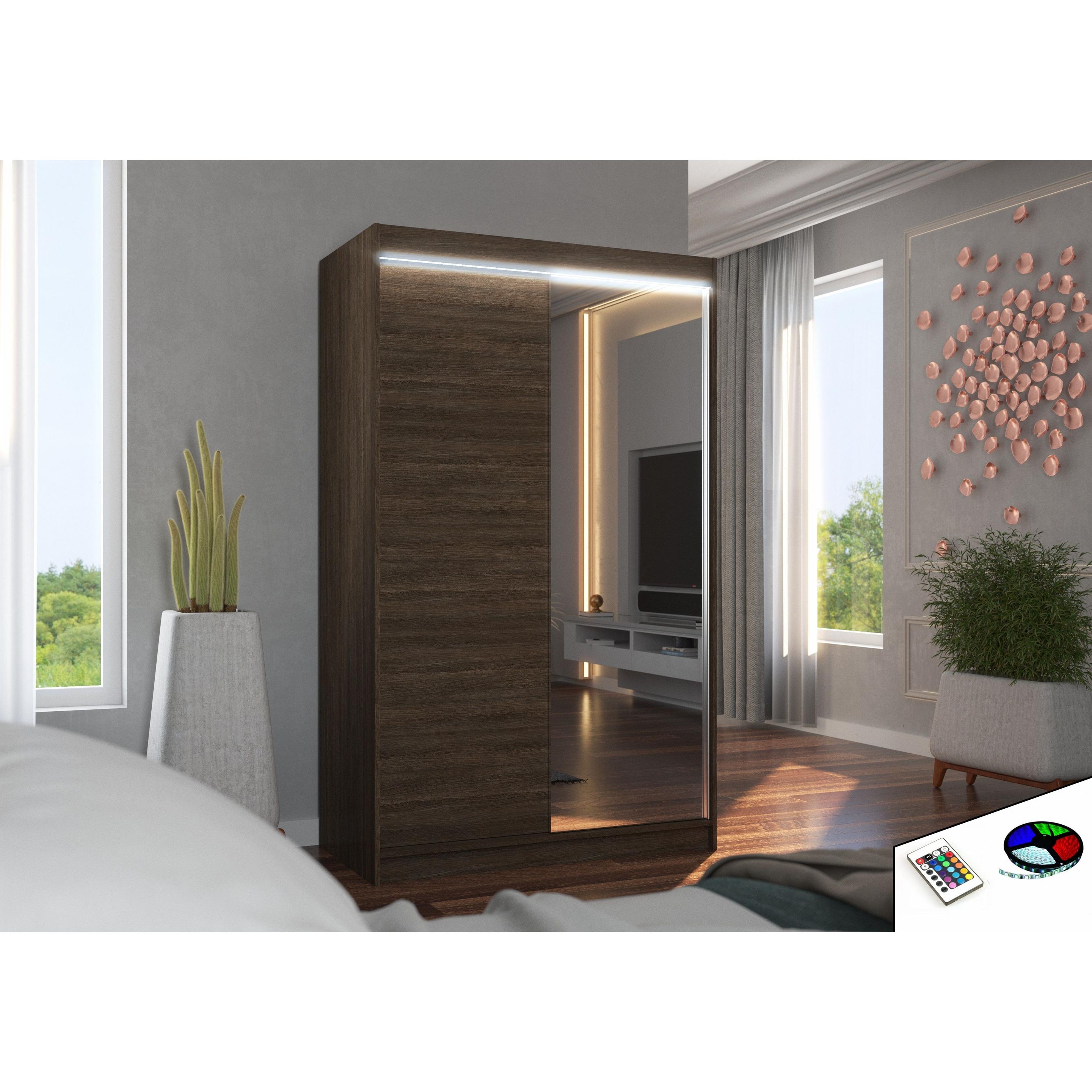 Thumbnail - ADRK Furniture, Kleiderschrank, Verschiebbarer Kleiderschrank mit Spiegel und Beleuchtung LED REWENA 120 (120 x 58 x 200...