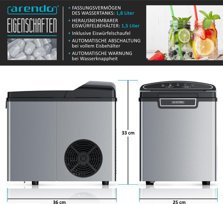 Produktbild Arendo Eiswürfelmaschine, 1,8 l Eiswürfelbereiter, 9 Eiswürfel in 8 Minuten, 105W Eiswürfelautomat, silber