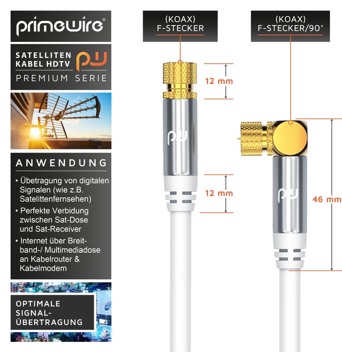 Produktbild Primewire SAT Kabel HDTV 90° gewinkelt - Premium SAT Koaxialkabel - TV Radio DVB-T DVB-C - 4 Fach Schirmung (135 dB, SAT Kabel)