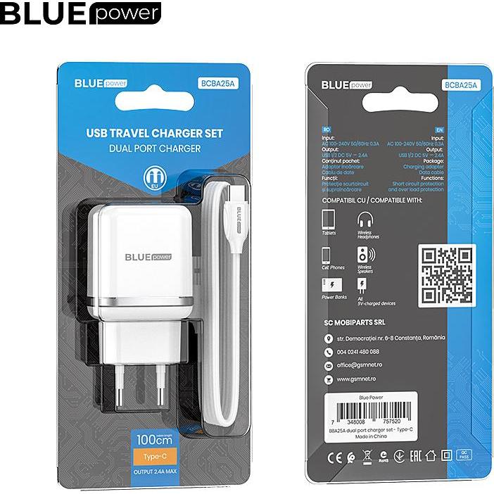 Thumbnail - Blue Power Wall Charger BLBA25A 2 x USB with Type-C Cable White (EU ), USB Ladegerät, Weiss